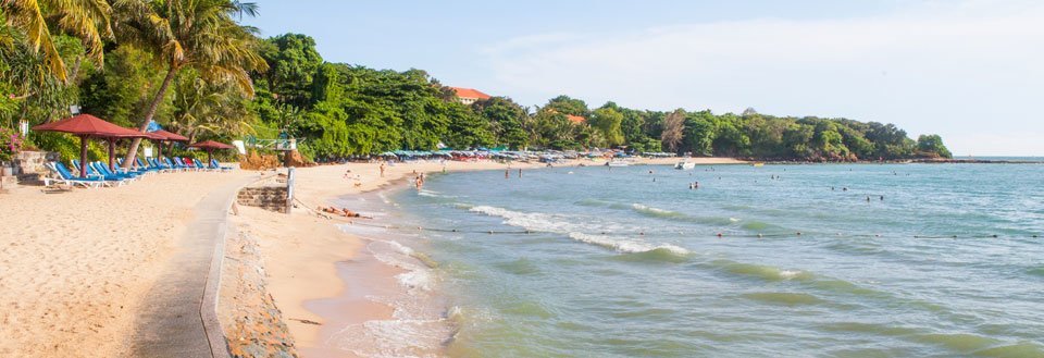 En solrig strand med gyldent sand, parasoller, palmer og folk der svømmer i det klare blå vand.