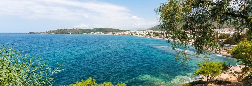 Billede af et idyllisk kystlandskab med klarblåt hav, frodige træer og en by i det fjerne.