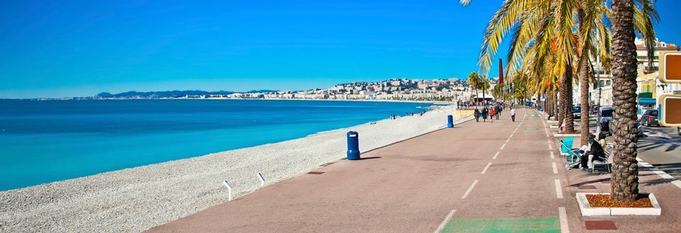 En solrig promenade i Nice med palmetræer langs en klar blå kystlinje med en by i horisonten.