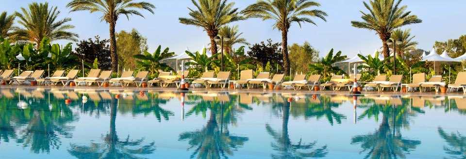 En rolig feriestemning ved en stor swimmingpool omgivet af liggestole og palmer.