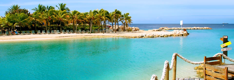 Et tropisk strandparadis med azurblåt vand og frodige palmer. En træbro fører ind i kulissen.