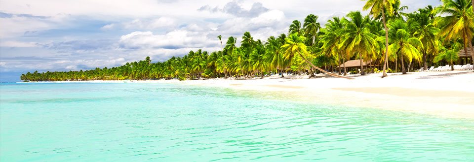 En idyllisk tropestrand med krystalklart vand, hvidt sand og frodige palmer under en lys himmel.