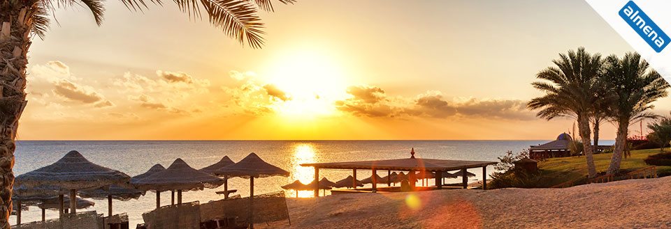 Solnedgang over stranden med palmetræer og stråparasoller. Stille hav og varme farver dominerer.