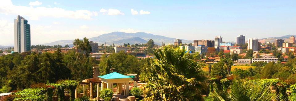 Billede af en byskyline med moderne bygninger, grønne områder og et bjerg i baggrunden på en klar dag.