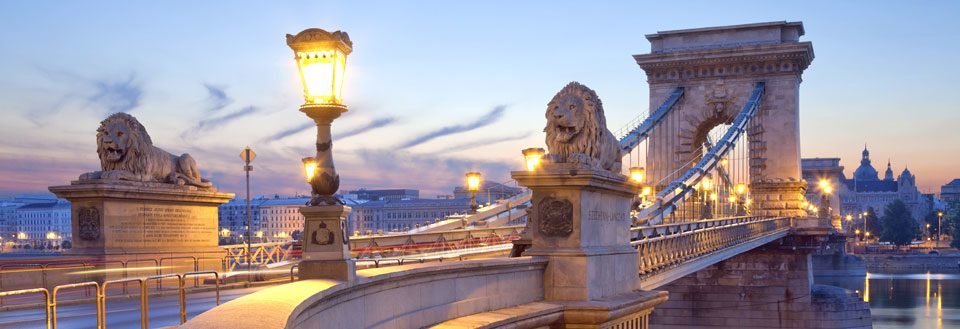 Aftenbillede af en oplyst bro med statuer af løver. Smuk himmel og bygninger i baggrunden.