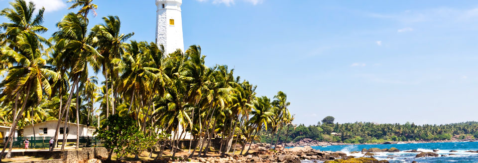 Et panorama over en tropisk kyst med et fyrtårn omgivet af palmer. Havet har lette bølger på en solrig dag.