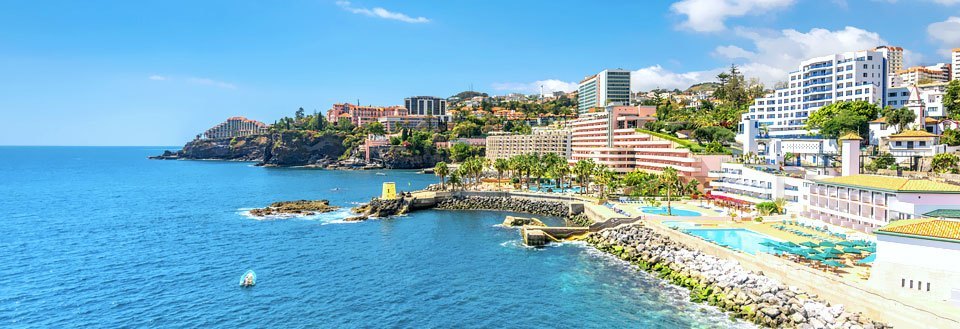 Panoramaudsigt over en kystlinje med hoteller, bygninger og palmer under en klar himmel.