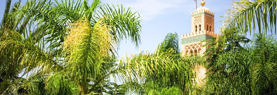 Frodige palmer foran en minaret med dekorative mønstre under en skyfri himmel.