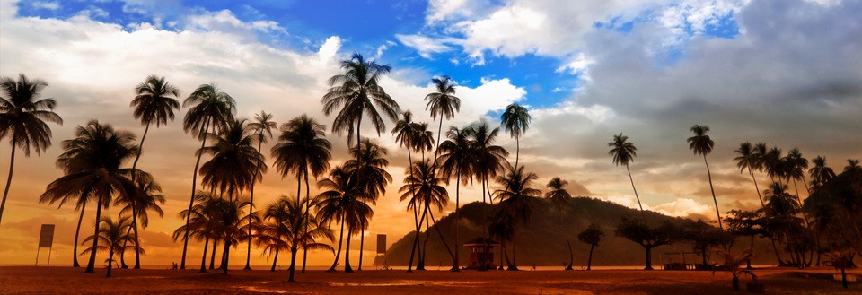 Solnedgang på en tropestrand med palmetræer og bjerge i baggrunden.