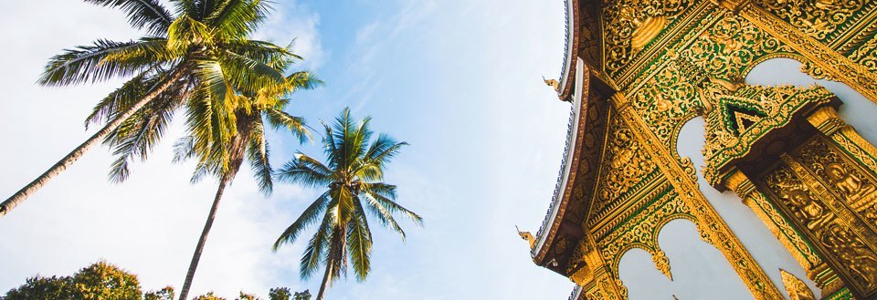 Udsnit af en prægtig gylden tempelfacade med fine udskæringer og palmer mod en klar himmel.