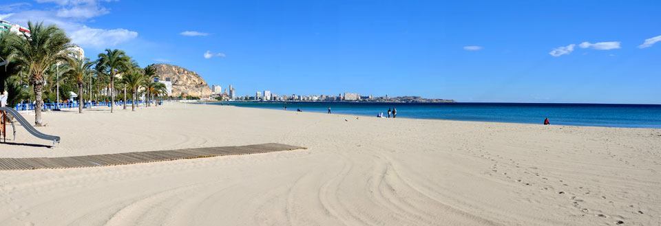 Bred sandstrand med en klar blå himmel og et par palmer til venstre. Fjern bakketoppe og bysilhuet i baggrunden.