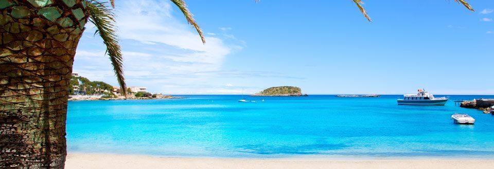 Idyllisk strand med krystalklart blåt vand, palmer, både og et skib under en skyfri himmel.