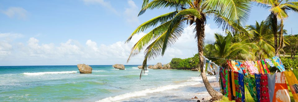 Tropisk strand med klart blåt vand, palmer og farvestrålende tøj hængende til tørre.